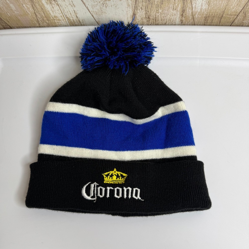 Apollo Corona Beer‎ Pom Beanie Hat Black Blue White Striped One Size Fits Most